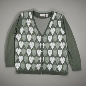 Grandmacore Cottagecore Heart Argyle Cardigan Sweater 1X Sage